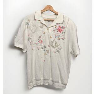 Vintage Teddi Floral Cross Stitch Polo Shirt XL White Grandmacore Top
